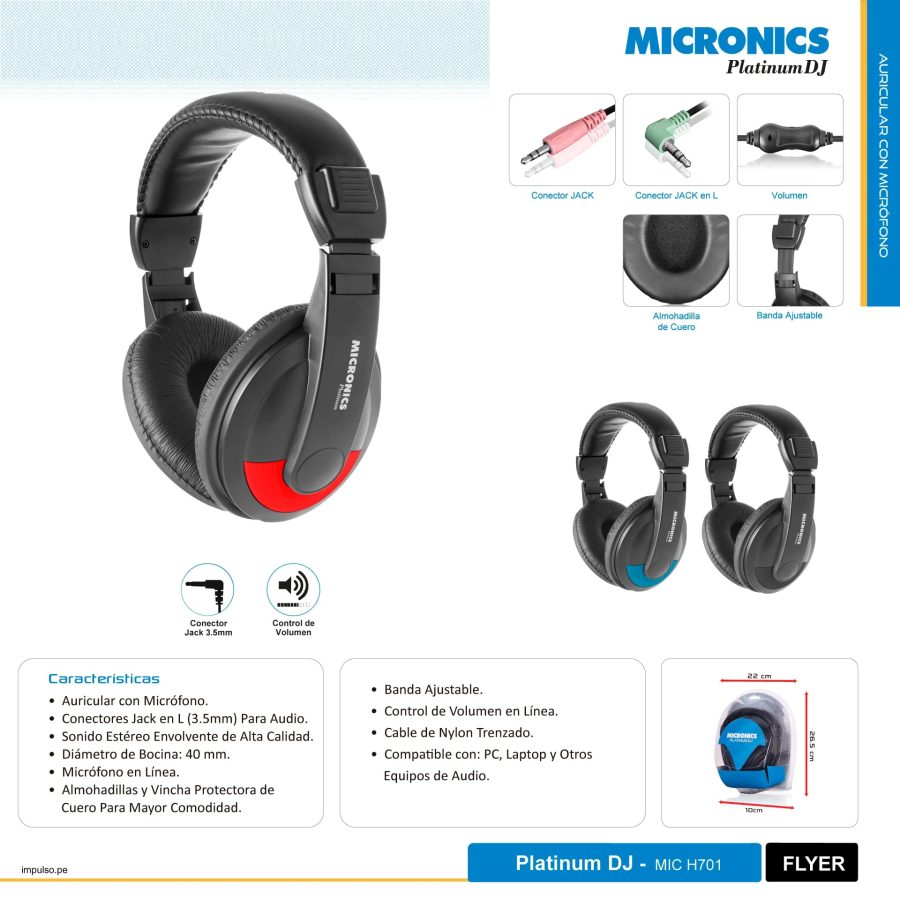 AURICULAR MICRONICS PLATINUM DJ MIC H701 CON MICRÓFONO, ESTÉREO Y CONTROL DE VOLUMEN