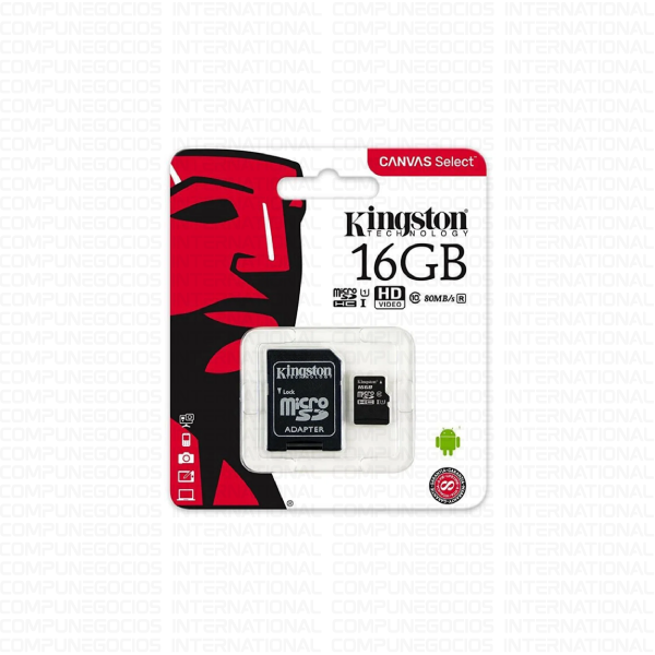MEMORIA MICRO-SD  KINGSTON SDCS/16GB CANVAS SELECT 16GB CON ADAPTADOR SD